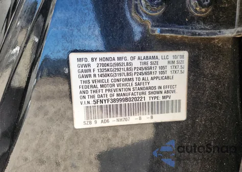 2009 Honda Pilot Touring из США, поврежденный, VIN 5FNYF38999B020221